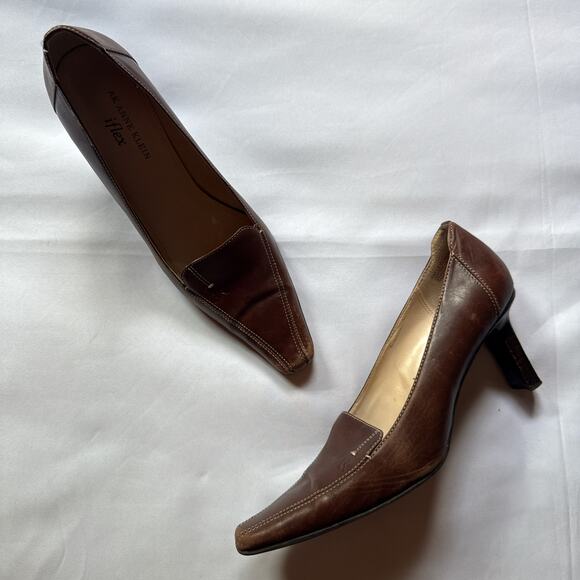 Anne Klein Classic Brown Leather Square Toe Heels Womens 8 Office Chic Y2K VTG - Picture 1 of 8